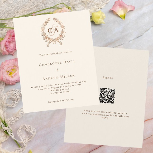 Papier Monogramme de crête beige QR RSVP budget mariage (Créateur téléchargé)