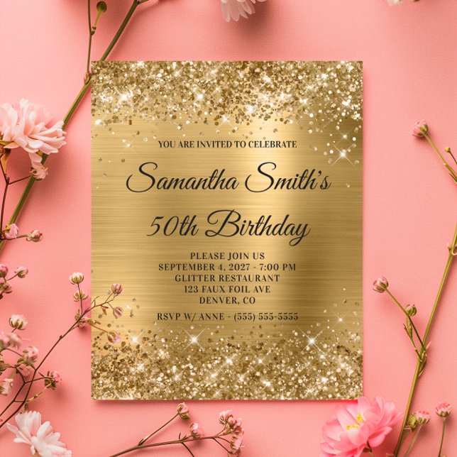 Papier Monogramme d'or de la loterie budgétaire 50e anniv (Budget Glittery Gold Monogram 50th Birthday Invite)