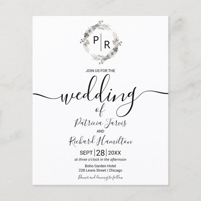 Papier Monogramme Floral Budget Faire-part de mariage (Devant)