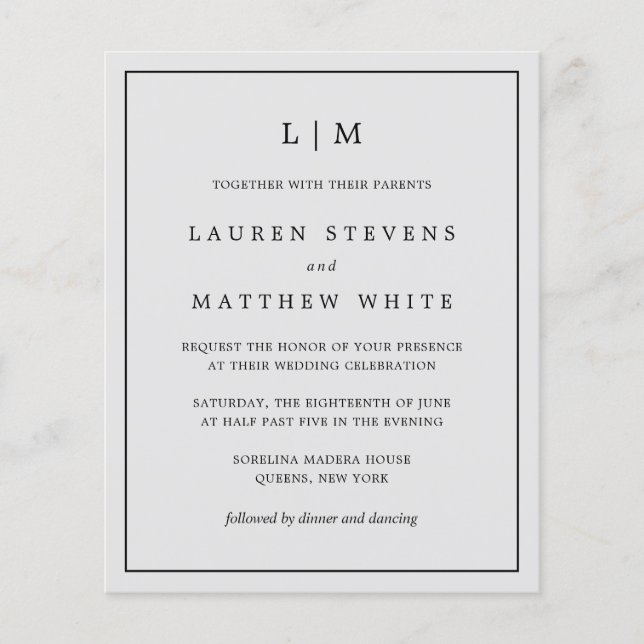 Papier Monogramme gris clair simple - Invitation à un mar (Devant)