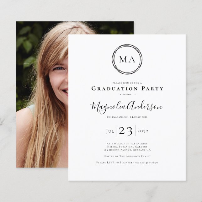 Papier Monogramme photo BUDGET Graduation Party Invitatio (Devant / Derrière)