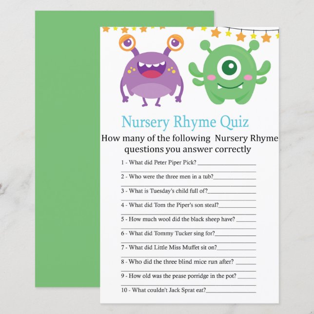 Papier Monster Nursery Rhyme Quiz jeu de baby shower (Devant / Derrière)