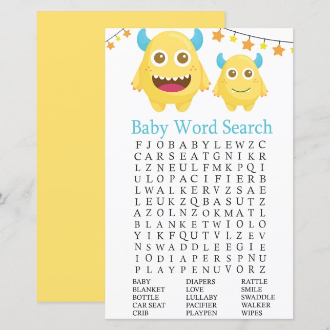 Papier Monstre Jaune Baby shower Mot de recherche Jeu (Devant / Derrière)