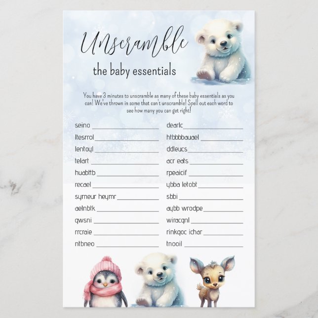Papier Mot Scramble Blue Winter Boy Baby shower Jeu (Devant)