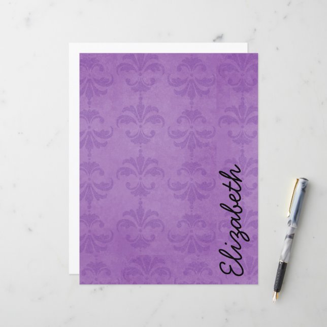 Papier Motif Damas, Damas Violet, Votre Nom (Devant/Arrière en situation)