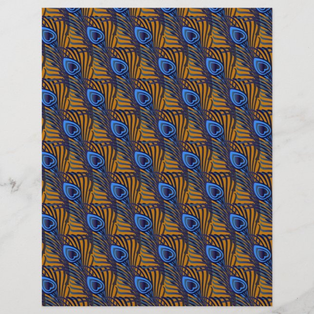 Papier Motif de plumes de paon bleu et orange de minuit (Devant)