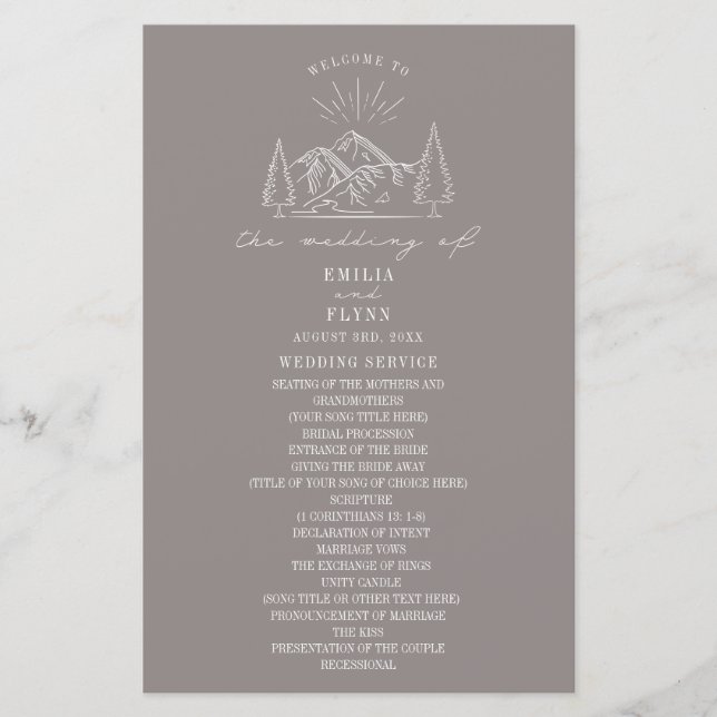 Papier Mountain Line Art Amethyst Wedding Program (Devant)