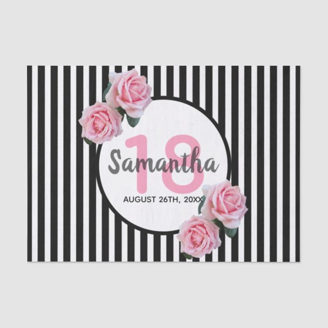 Papier Mousseline 18e anniversaire rose roses noir blanc rayures (Recto)