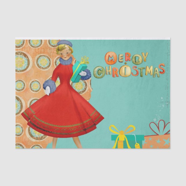 Papier Mousseline 1950s Style Femme de Noël avec présents (Recto)