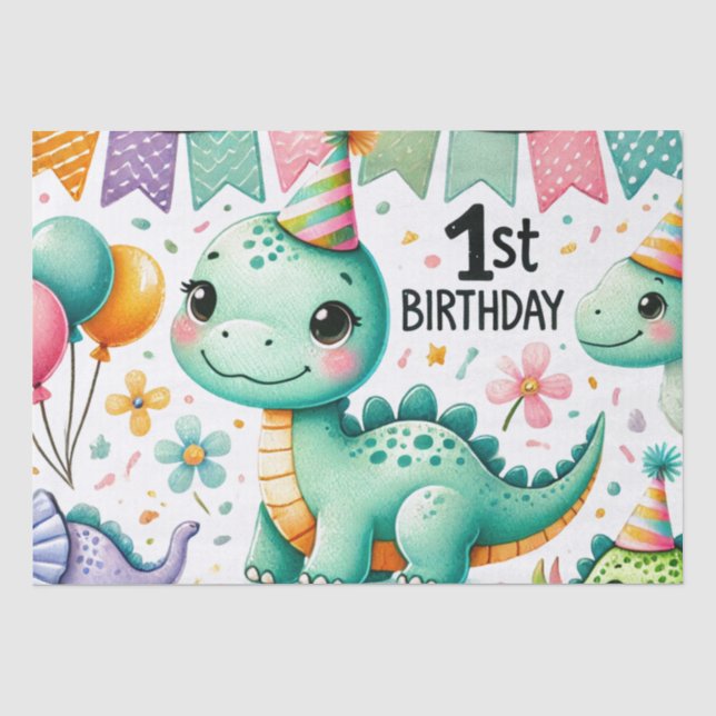 Papier Mousseline 1er anniversaire Dinosaur Dino Boy Aquarelle (Recto)