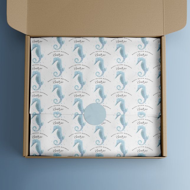 Papier Mousseline 2e anniversaire Dusty Blue Seahorse Customisé (Dusty Blue Seahorse Birthday Tissue Wrap)