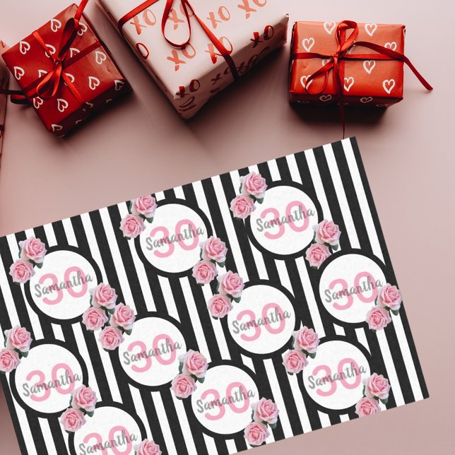 Papier Mousseline 30e anniversaire rose roses noir blanc rayures nom (Créateur téléchargé)