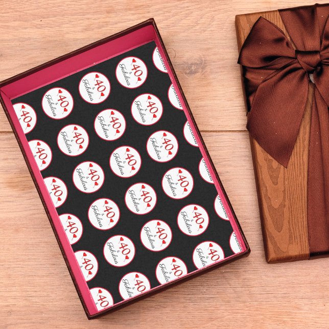 Papier Mousseline 40 & Coeurs fabuleux 40e anniversaire Noir (40 Fabulous 40th Birthday Photo Black White Tissue Paper)