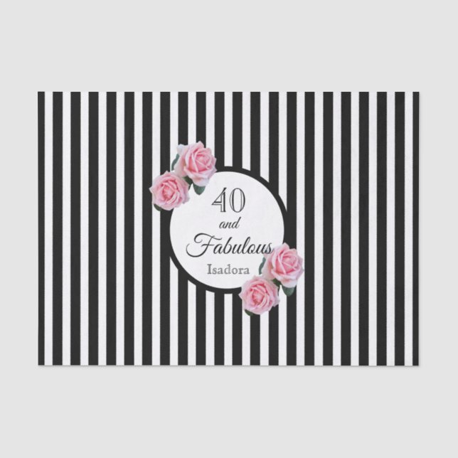 Papier Mousseline 40e anniversaire noir rayures rose fleurons nom (Recto)