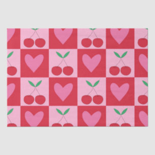 Papier Mousseline à damiers Cerises avec Motif de Coeurs Roses