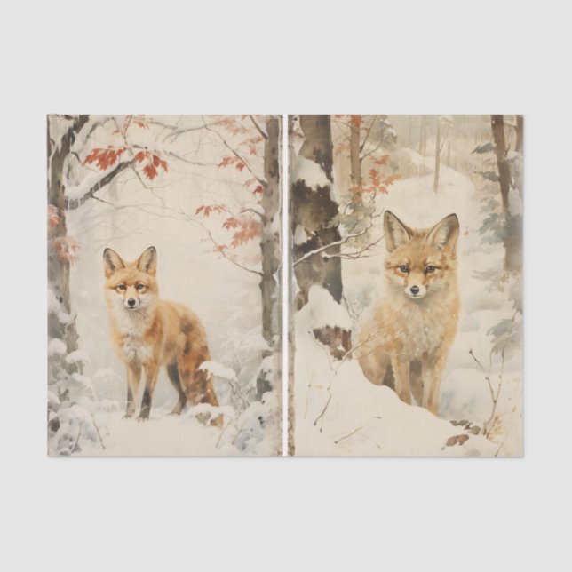 Papier Mousseline A Separate Pair of Foxes in the Winter Forest (Recto)