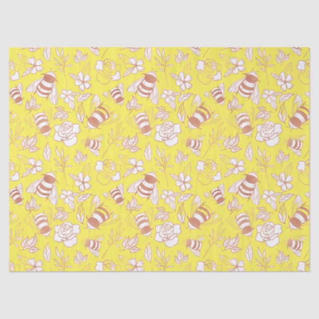 Papier Mousseline Abeilles et fleurs d'or roses sur Jaune (Recto)