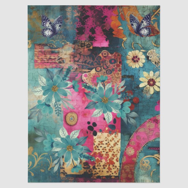 Papier Mousseline Abstrait Art College Florals & Papillons (Recto)