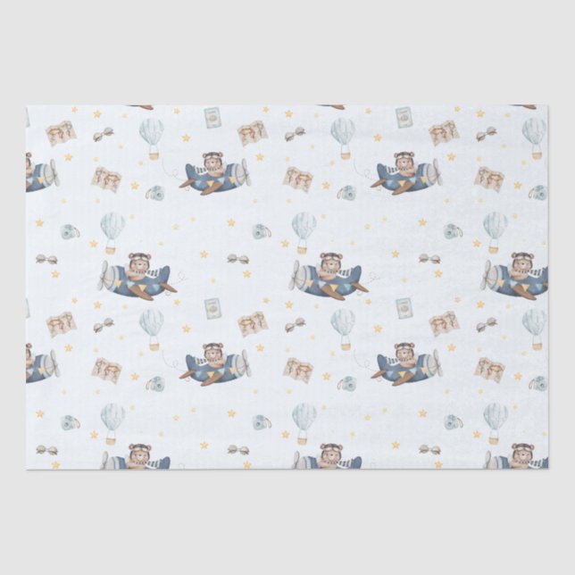 Papier Mousseline Adventure Cute Aviation Bear Blue Plane Decoupage (Recto)