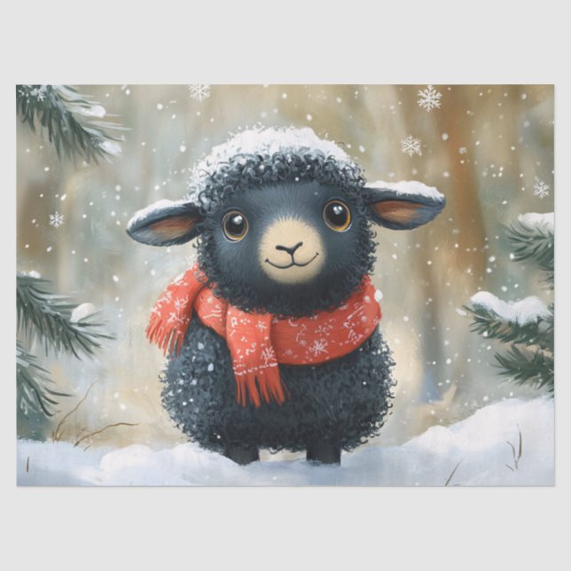 Papier Mousseline Agneau Noir Adorable Avec Écharpe Rouge Découpage (Recto)