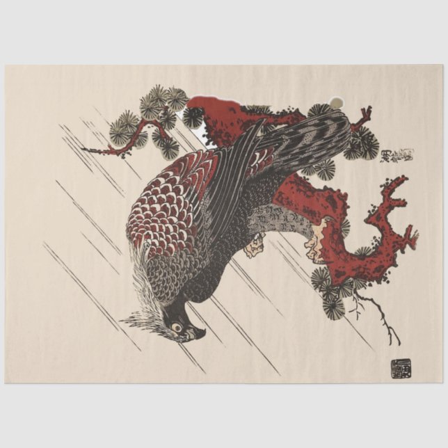Papier Mousseline AigLE SUR LA BRANCHE À PINS DANS LA PLUIE Ukiyoe (Recto)