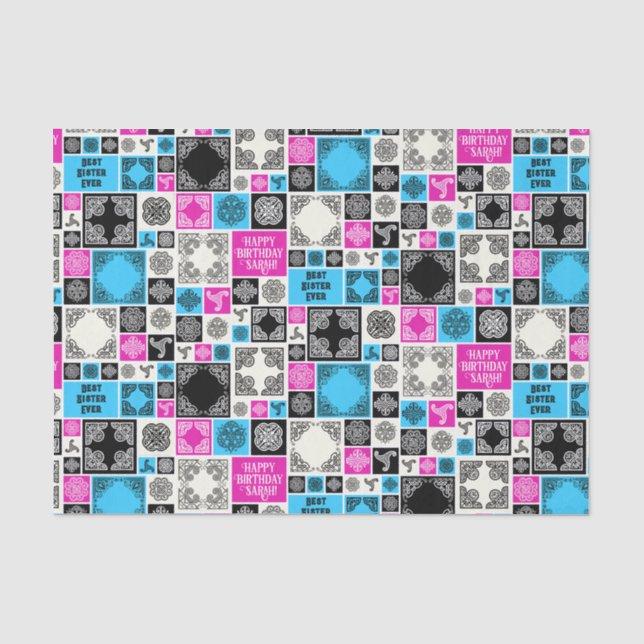 Papier Mousseline Ajouter Nom & Relation Anniversaire Magenta & Bleu (Recto)