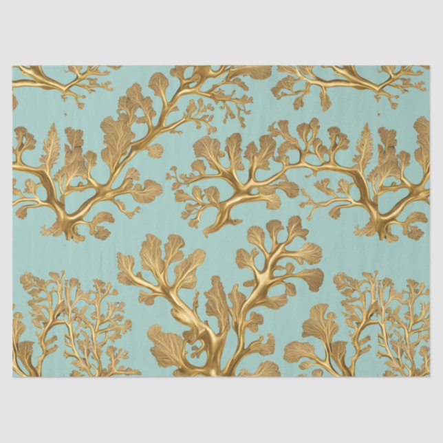 Papier Mousseline Algues d'or sur papier de tissus vert Seafoam (Recto)