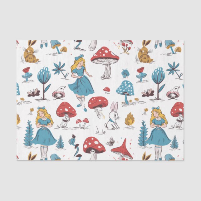 Papier Mousseline Alice au pays des merveilles Lapin Champignons rou (Recto)