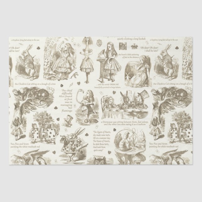 Papier Mousseline Alice in Wonderland Sepia Beige Toile Citations (Recto)