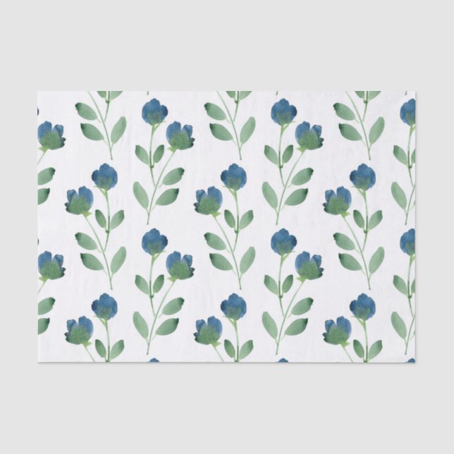 Papier Mousseline Ambiance florale d'Indigo bleu et vert (Recto)