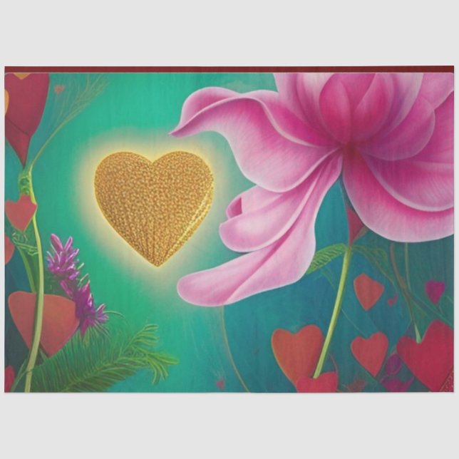 Papier Mousseline Amour - Fleurs et Coeurs roses (Recto)