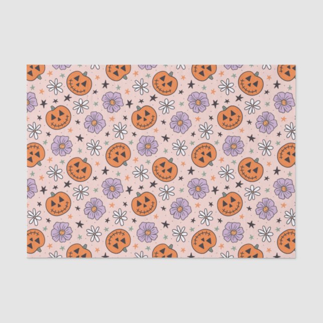 Papier Mousseline Amusants Citrouilles d'Halloween et Fleurs Motif (Recto)