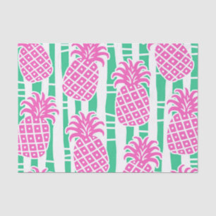 Papier Mousseline Ananas Bambou rayures rose et Motif vert
