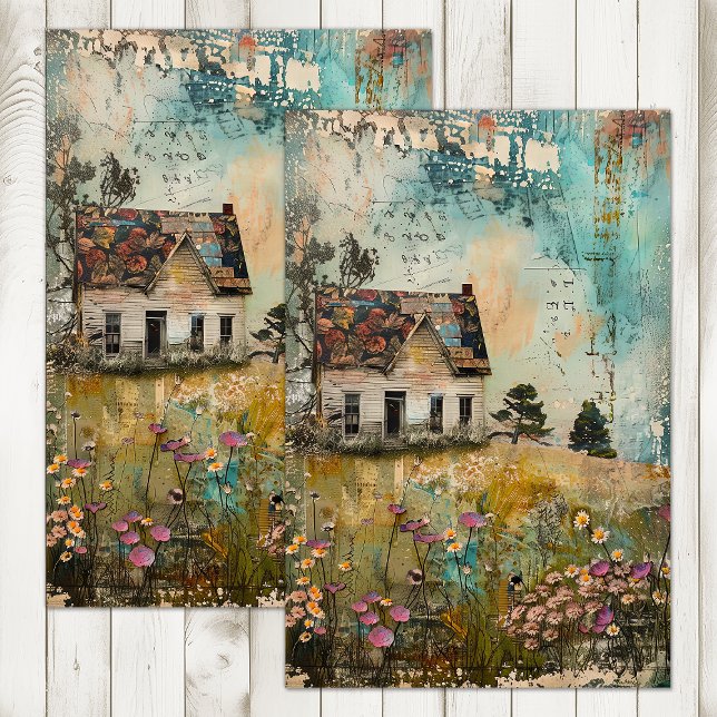 PAPIER MOUSSELINE ANCIENNE FERME EN DÉCOUPAGE DU PRINTEMPS (OLD FARMHOUSE IN SPRING DECOUPAGE TISSUE PAPER)