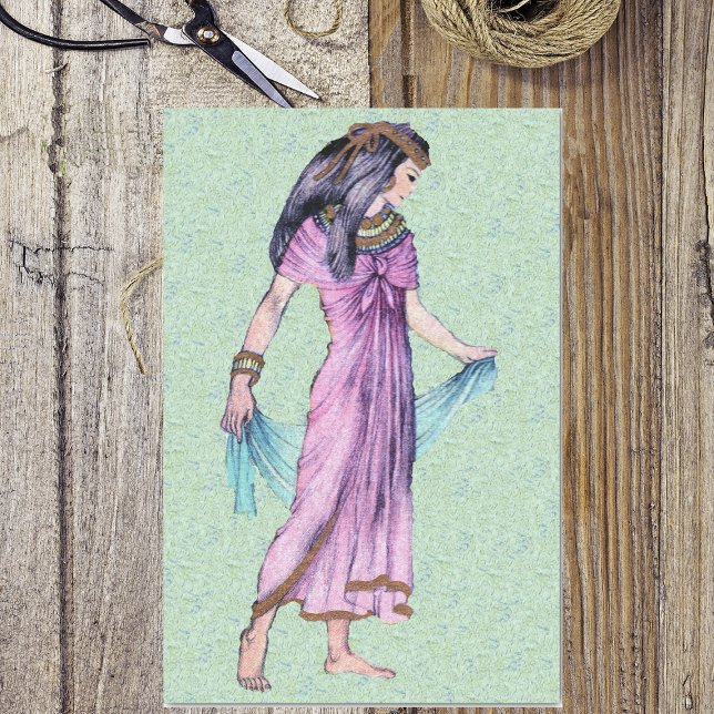 Papier Mousseline Ancienne jolie dame égyptienne princesse en violet (Ancient Egyptian woman purple dress gold jewelry on green wrapping tissue paper.)