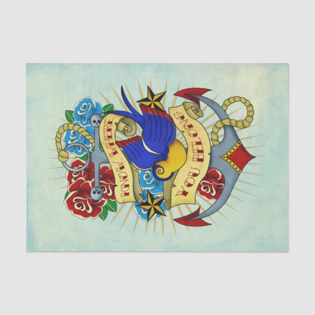 Papier Mousseline Ancre, hirondelle et roses (Recto)