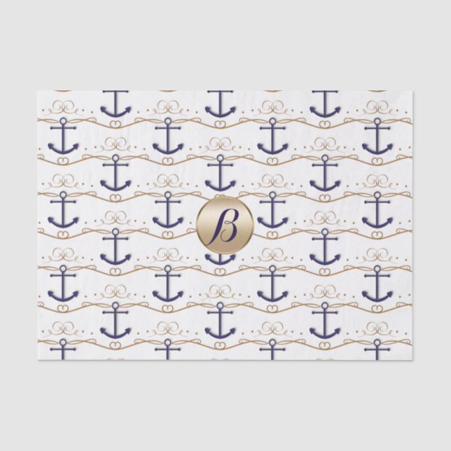 Papier Mousseline Ancres blanches or Monogramme nautique Fête modern (Recto)
