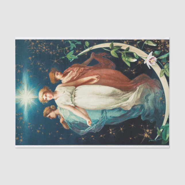 Papier Mousseline Anges, Etoiles, Femmes, Noël Lune Religieux (Recto)