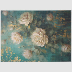 Papier Mousseline Anglais blanc roses feuille d'or sauge vert mélang