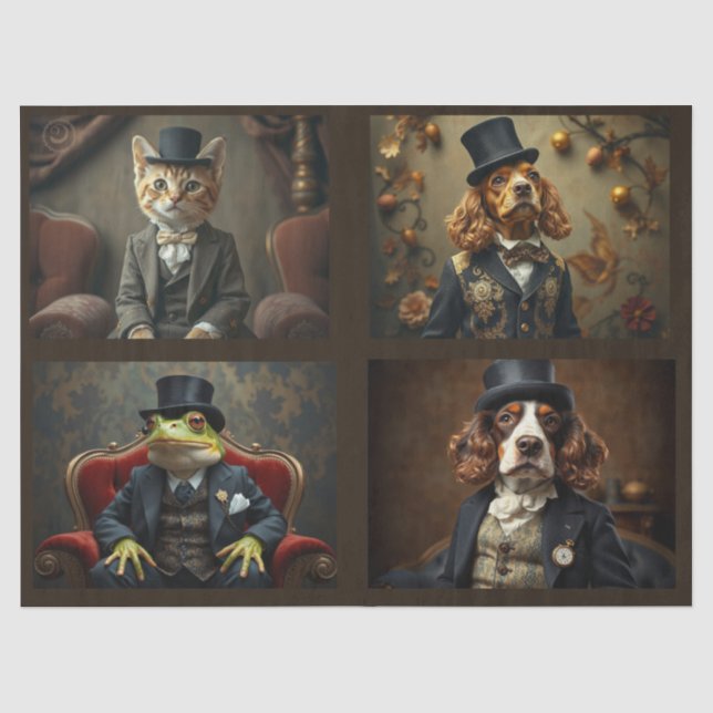 Papier Mousseline Animaux anthropomorphes, Chat, Chien, Grenouille (Recto)