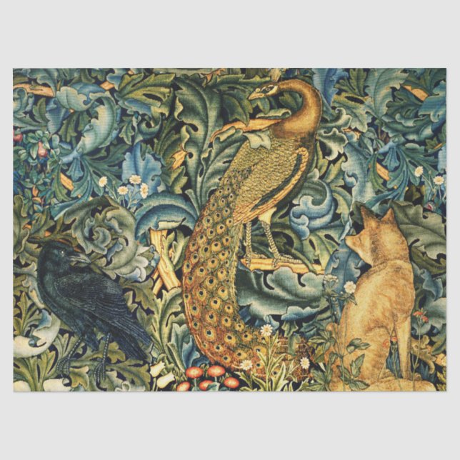 Papier Mousseline ANIMAUX FORESTIERS, RAVEN, FOX, PEACOCK Blue Green (Recto)