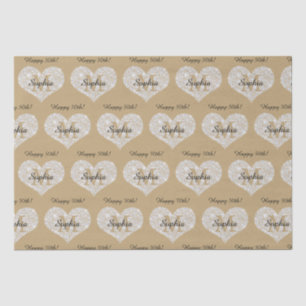 Papier Mousseline Anniversaire, Coeur Diamant, Monogramme Or, Nom