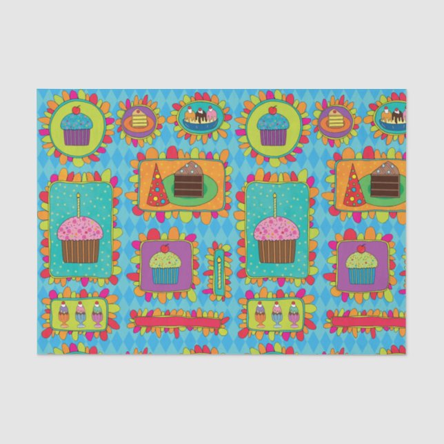Papier Mousseline Anniversaire Cupcake Dessert Party Blue (Recto)