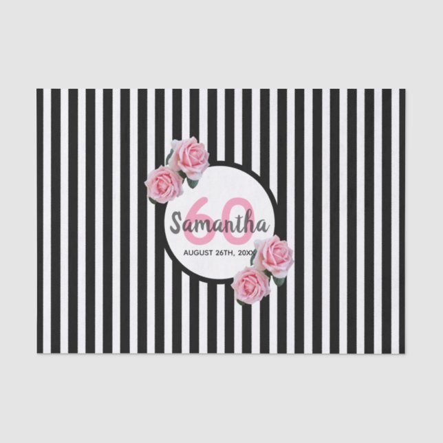 Papier Mousseline Anniversaire rose roses noir blanc rayures nom (Recto)