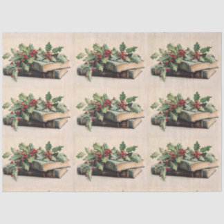 Papier Mousseline ANTIQUE BOOKS AND HOLLYBERRIES  Christmas Pattern