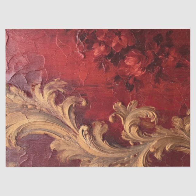 Papier Mousseline Antique rouge bordeaux faux or baroque ornements (Recto)