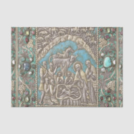 Papier Mousseline Antique Silver Turquoise Gems Nativité Scène Tiss