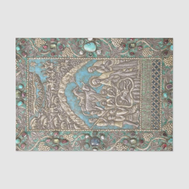 Papier Mousseline Antique Silver Turquoise Gems Scène de la Nativité (Recto)