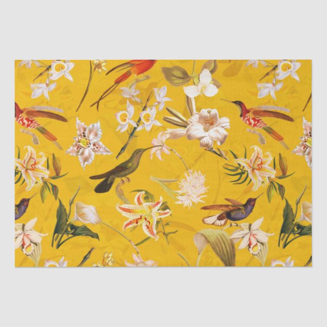 Papier Mousseline Antique Tropical Hummingbird Jungle Motif Jaune (Recto)