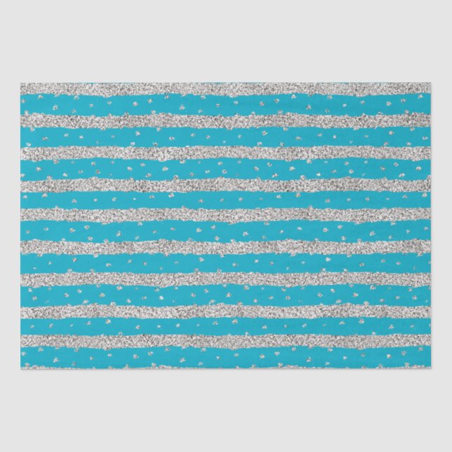 Papier Mousseline Aqua Blue Silver Sparkly Confetti Stripes (Recto)